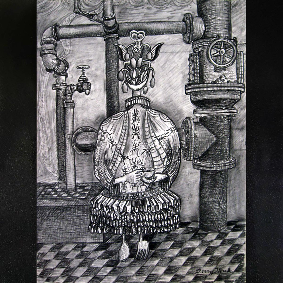 Cadavre Exquis (Exquisite Corpse) - marching ants in boiler room- charcoal on paper- illustrated by Terry Marks