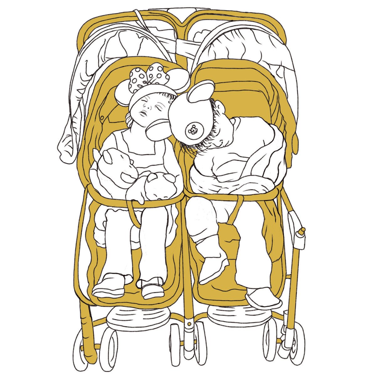 kids crashed out in double stroller at Disneyland, Dad Truths, illustrated by Terry Marks