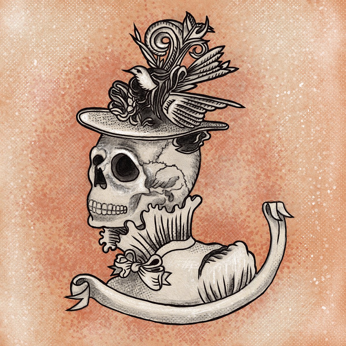 Victorian Macabre, skull with bird topped hat and ruffled neck blouse, illustrated by Terry Marks