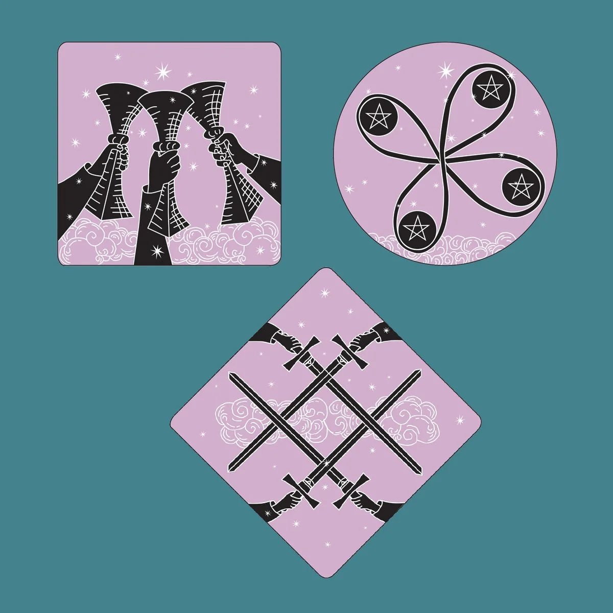 Tarot card symbols, cups, swords, discs, illustrated by Terry Marks