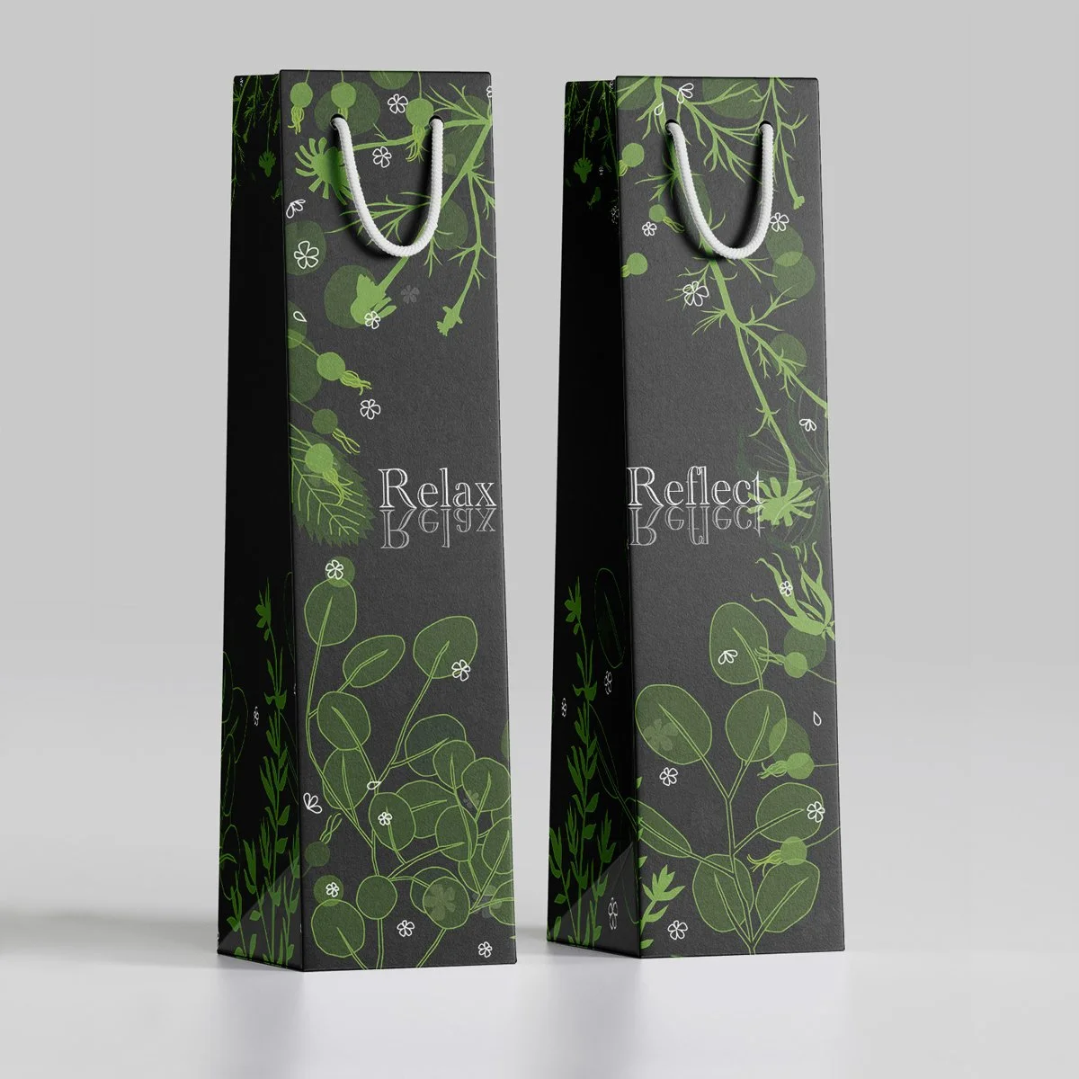 botanical drawings on gift bags, illustrated by Terry Marks