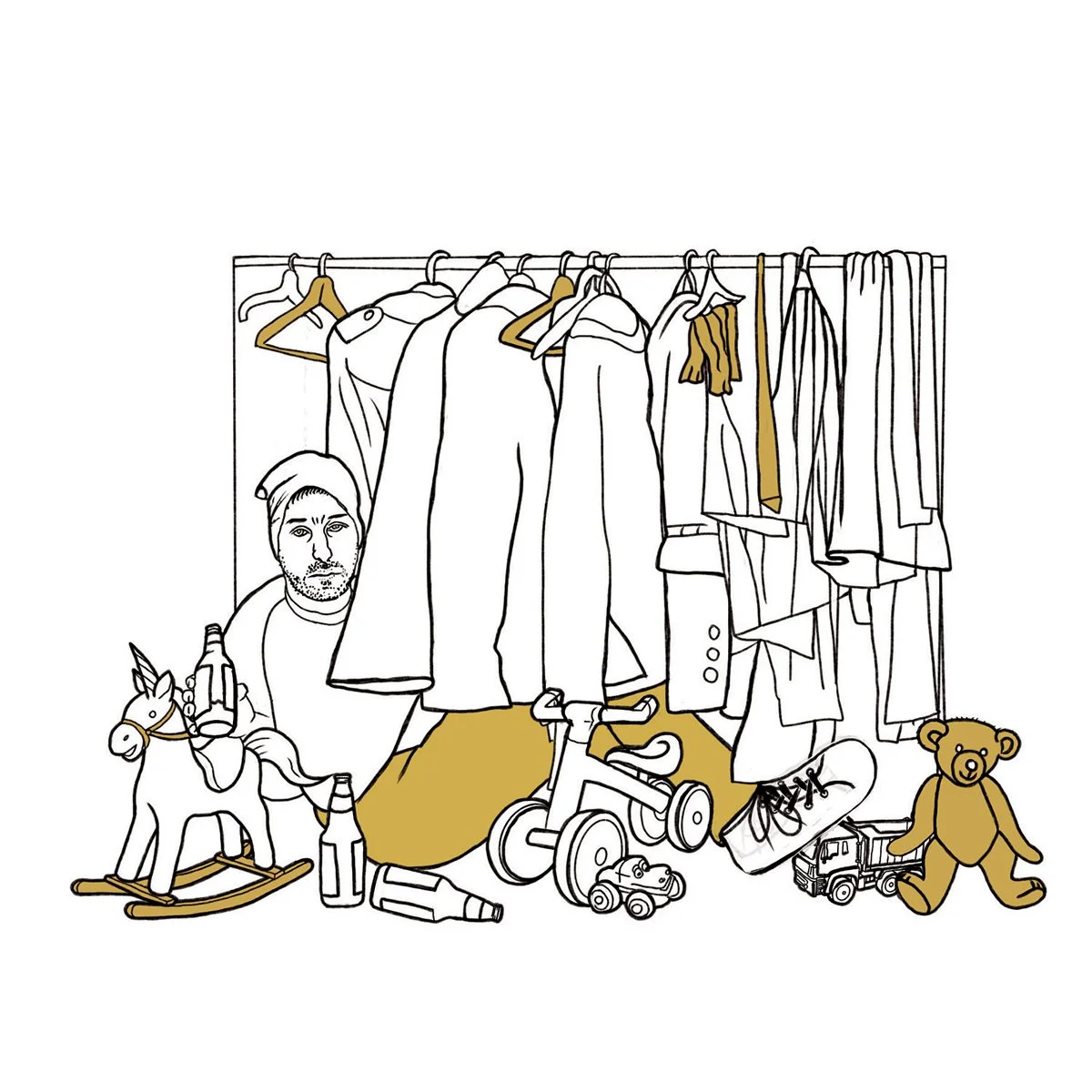 overwhelmed dad hiding in closet among kids toys, Dad Truths, illustrated by Terry Marks