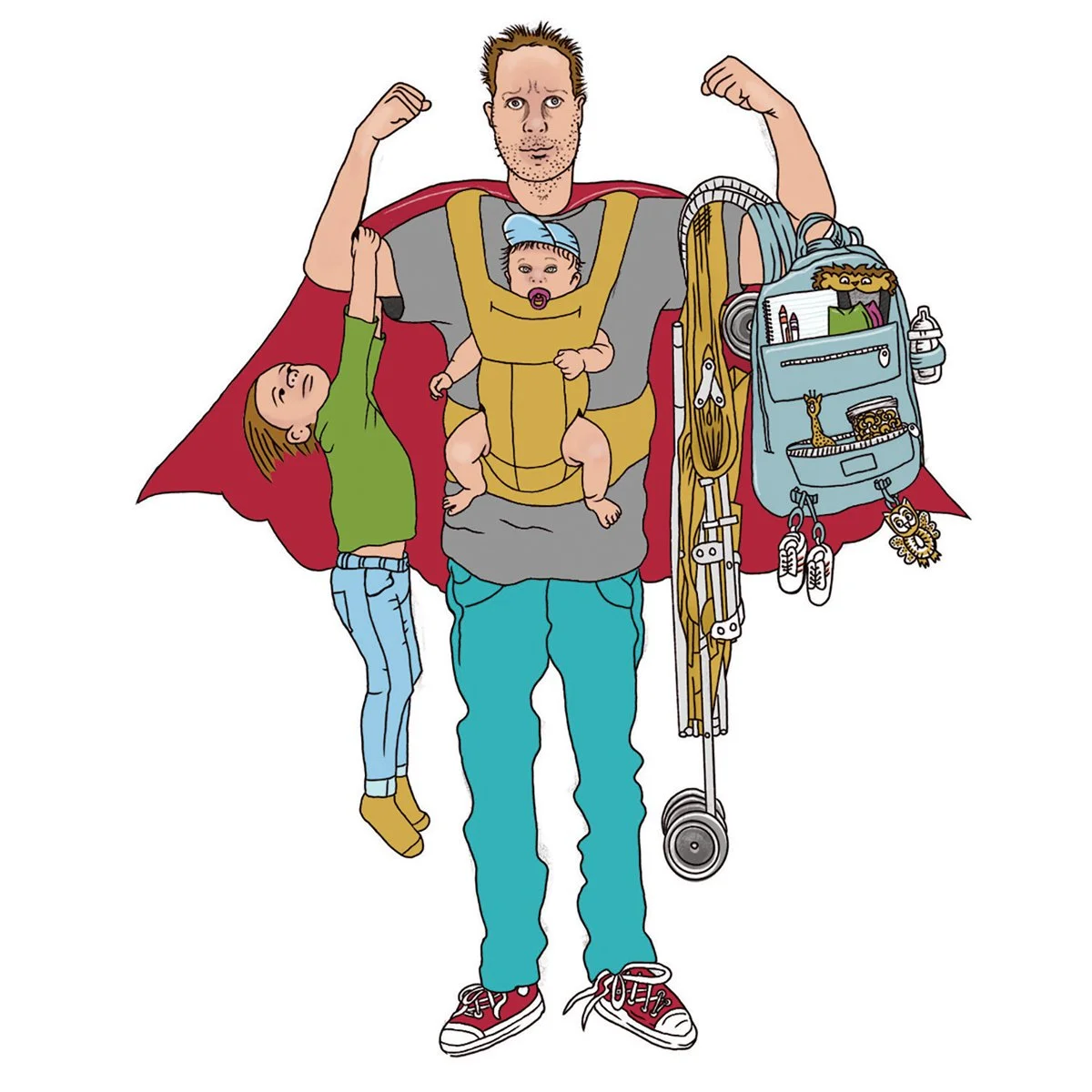 Dad Truths cover illustration, super-dad, baby carrier, climbing kid, stroller, backpack, illustrated by Terry Marks