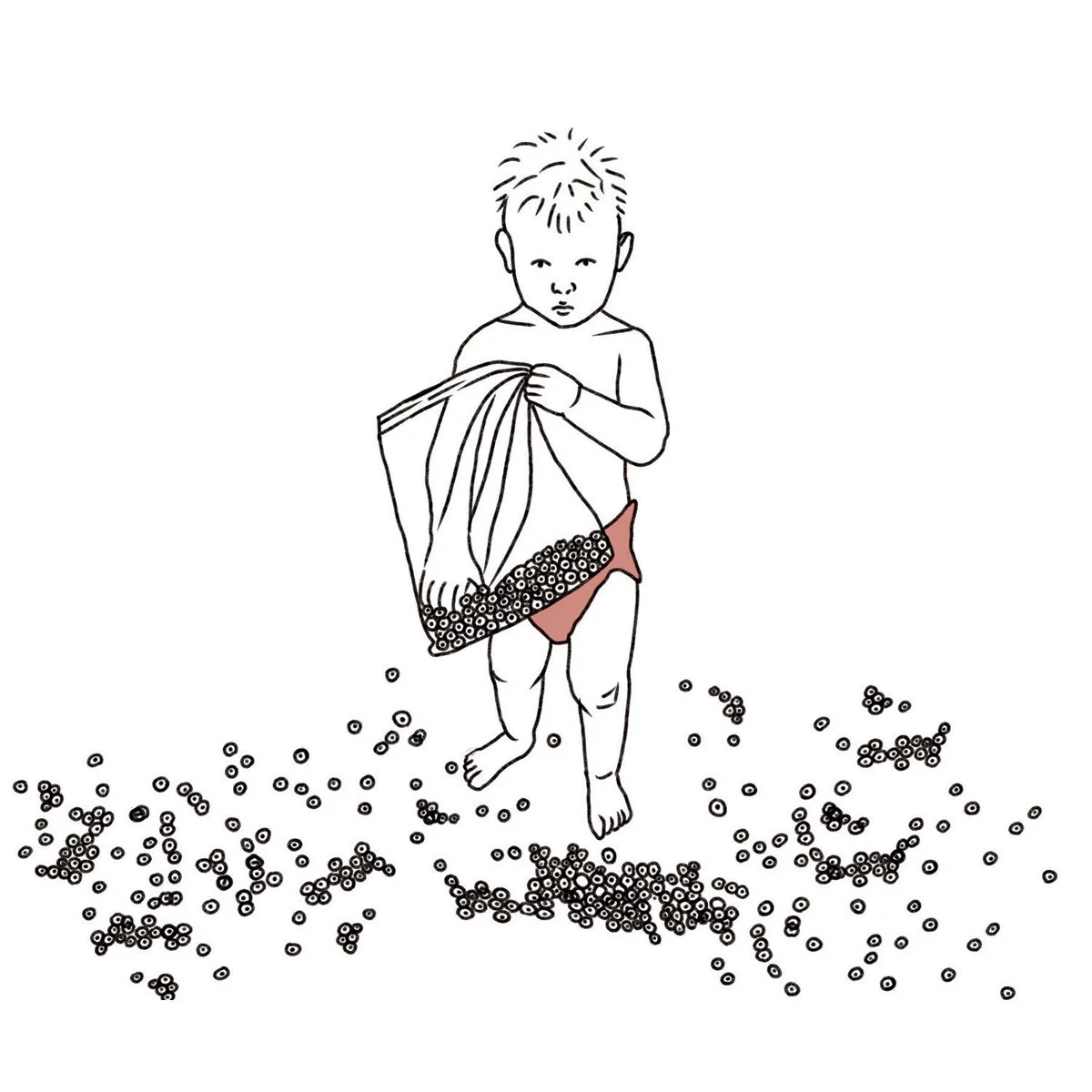 Mischievous toddler making a mess with breakfast cereal, Dad Truths, illustrated by Terry Marks