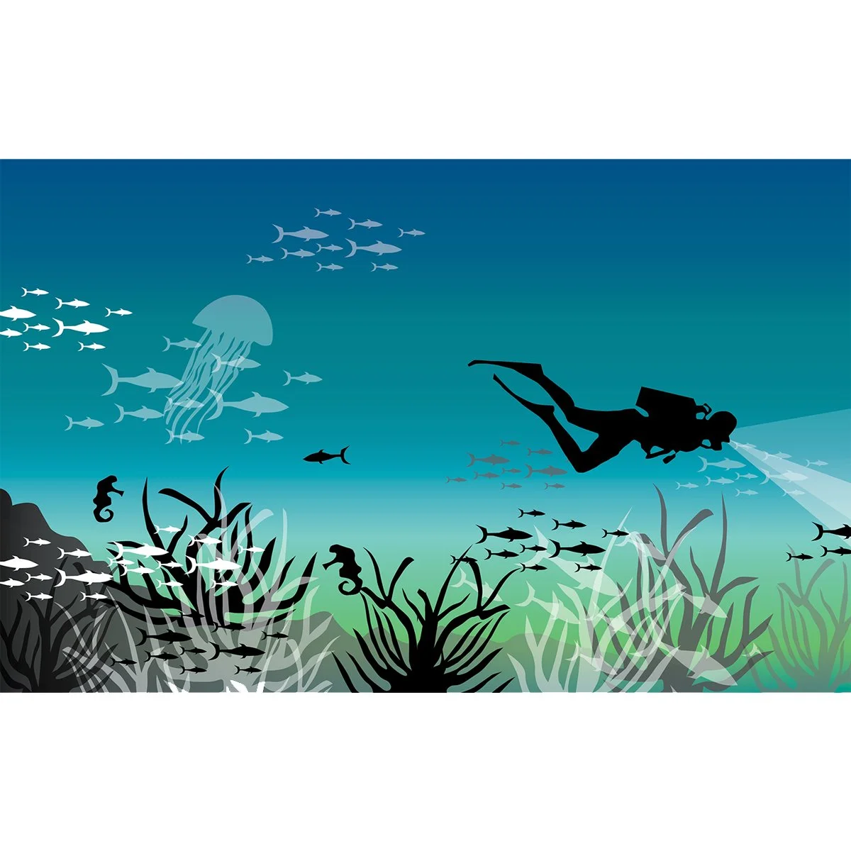 diving underwater with fish, seahorses and sea plants- limited color shadow silhouette version, illustrated by Terry Marks