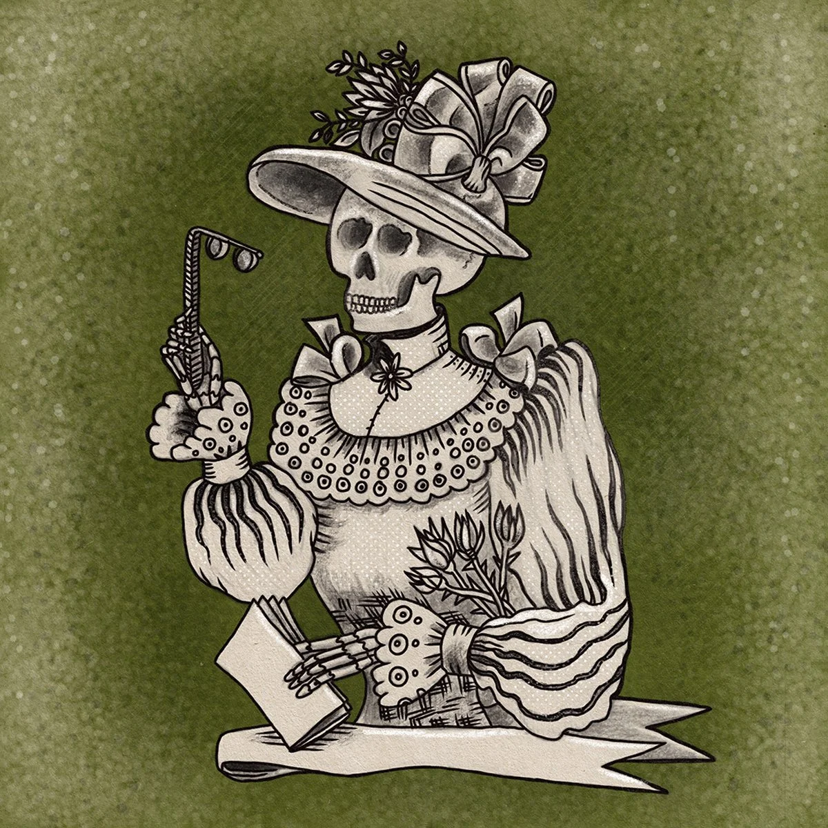 Victorian Macabre, at the opera-skull with ribboned hat-ruffled blouse with bows and opera glasses, illustrated by Terry Marks