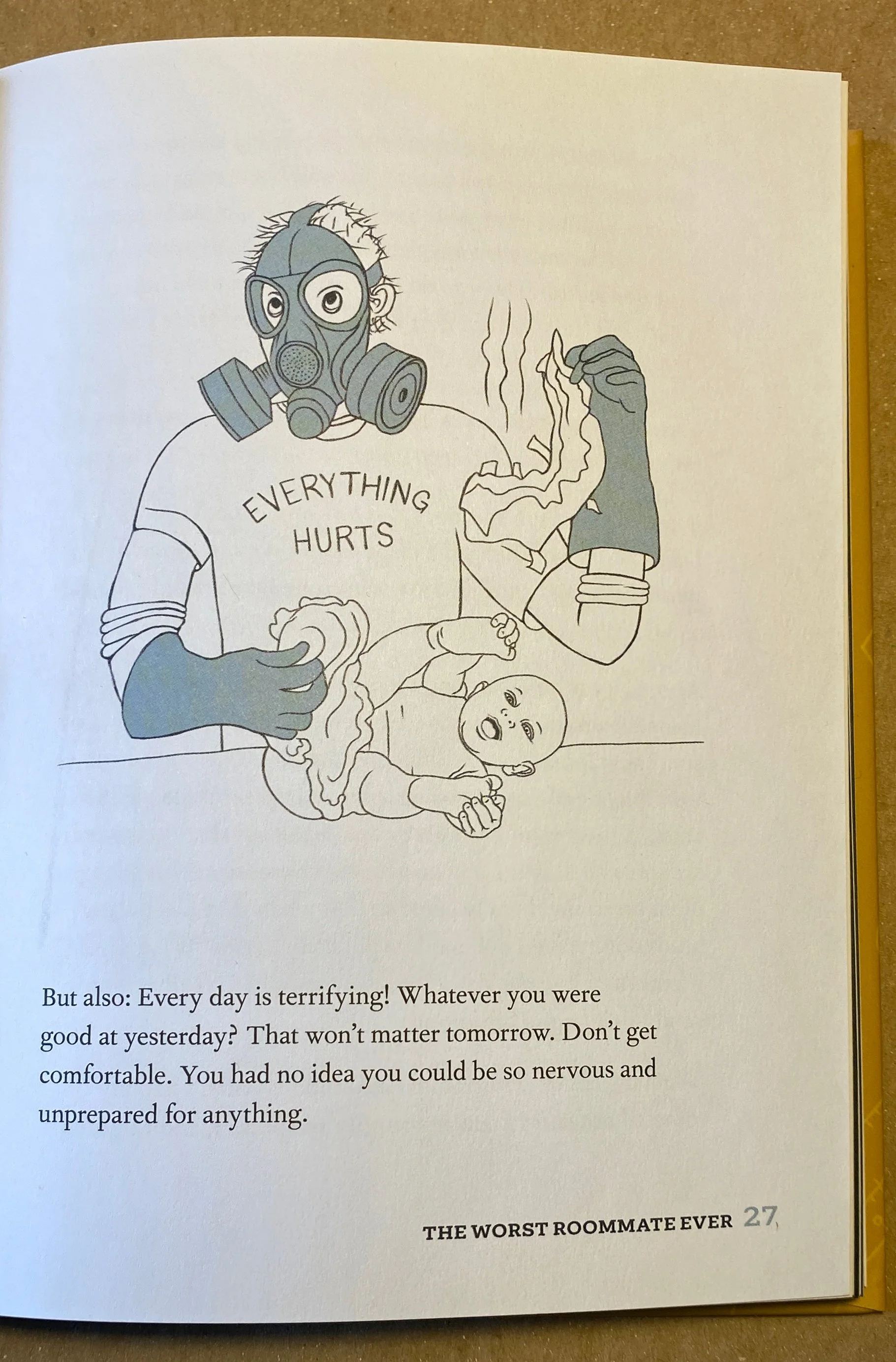 dad with gas mask changing baby, illustrated by Terry Marks