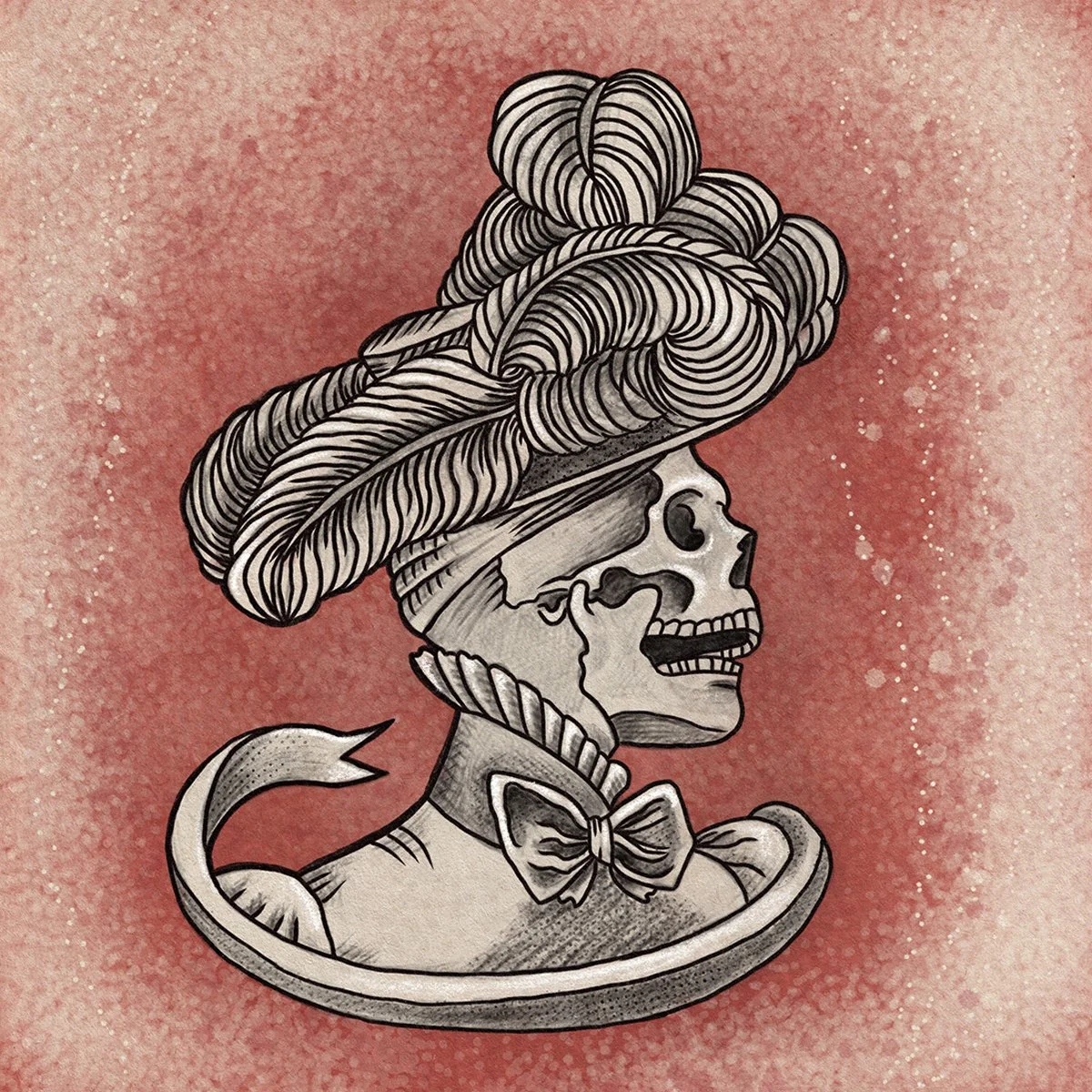 Victorian Macabre, skull with ostrich feathered hat bow tie neck, illustrated by Terry Marks