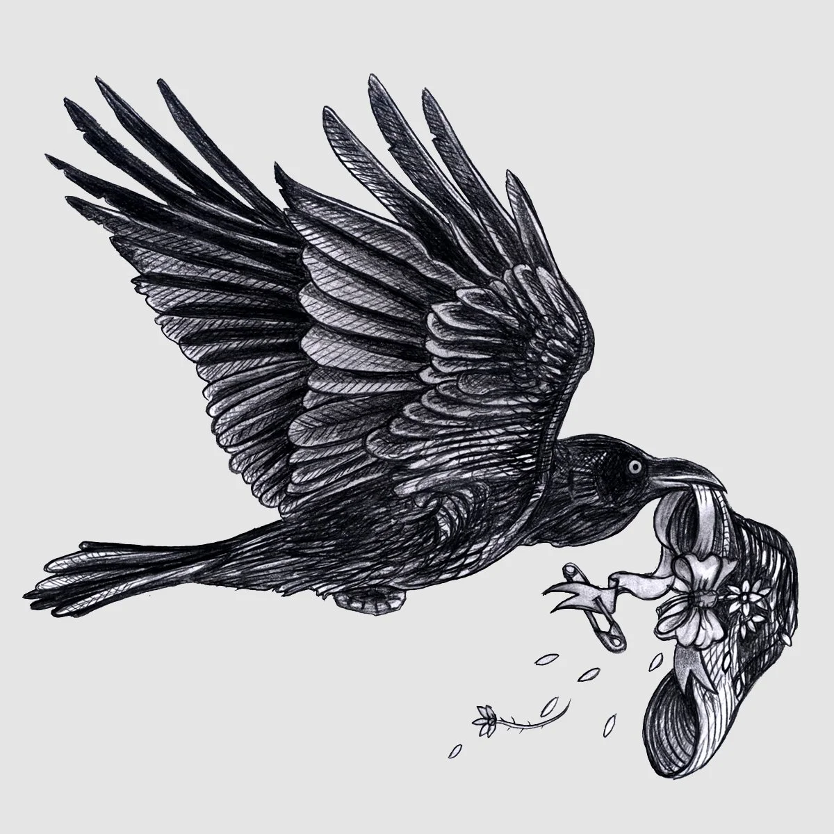 Victorian Macabre, Raven in Flight with hat, illustrated by Terry Marks