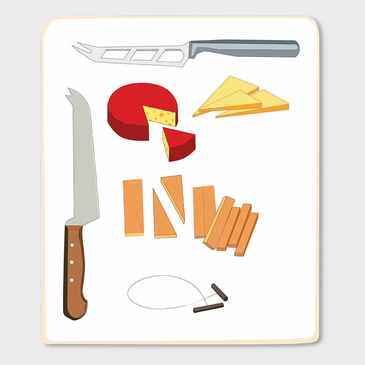 cheeses, cheese knives, cheese cutting wire, illustrated by Terry Marks