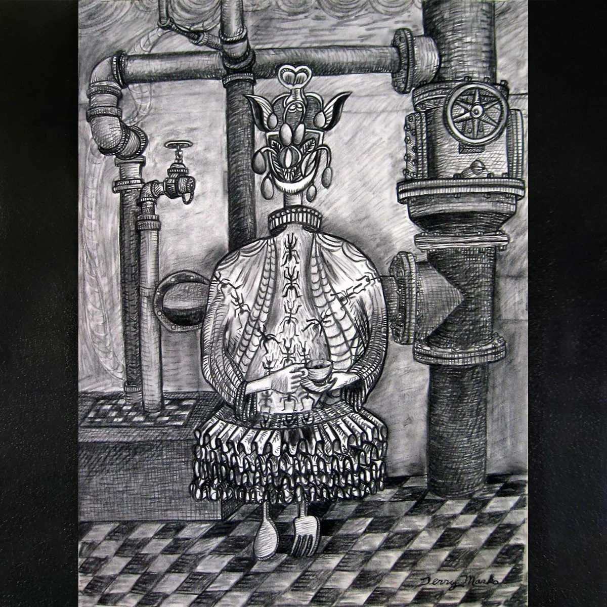Cadavre Exquis (Exquisite Corpse) - marching ants in boiler room- charcoal on paper- illustrated by Terry Marks
