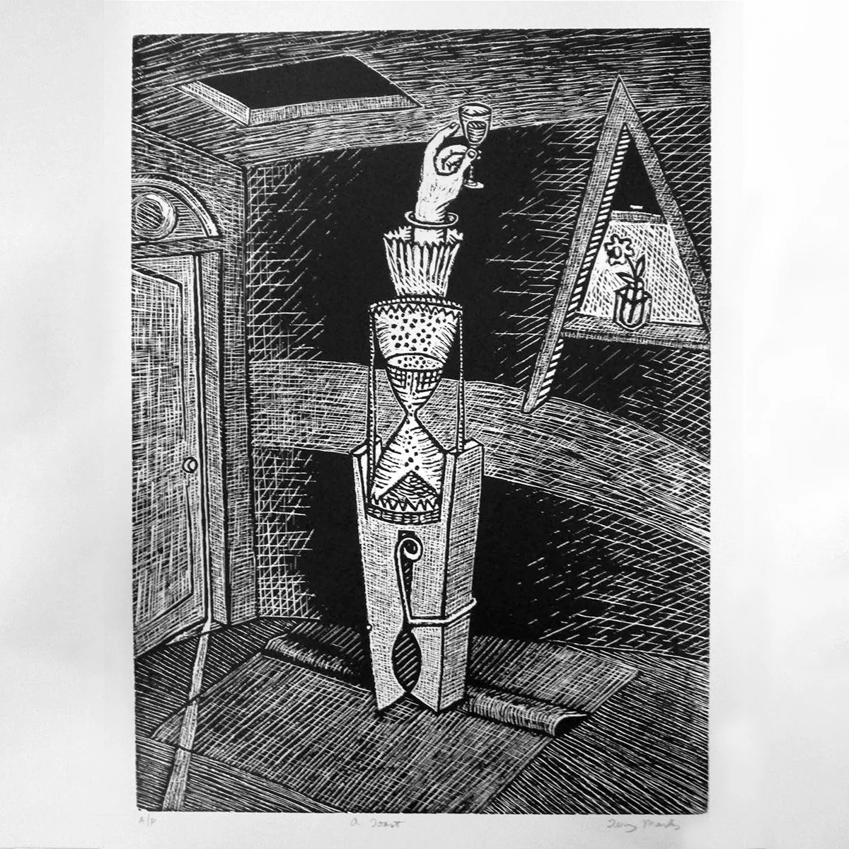 Cadavre Exquis (Exquisite Corpse) - a toast and a clip-hand pulled woodcut on heavy paper- illustrated by Terry Marks
