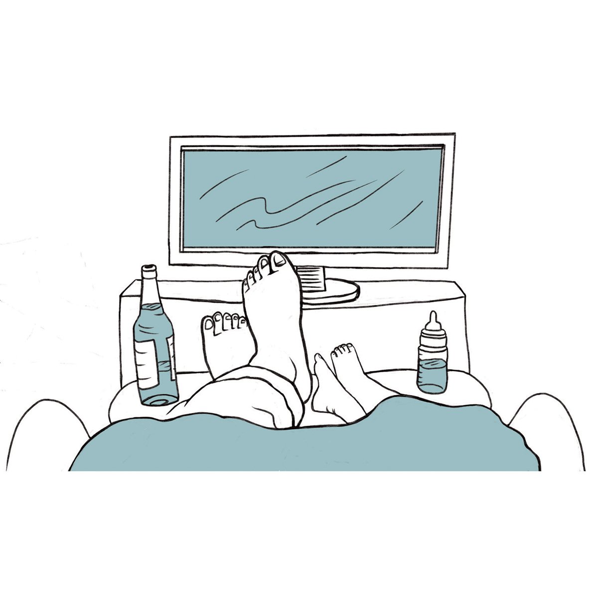 Dad and kid watching television with feet up, each with their own bottle, Dad Truths, illustrated by Terry Marks