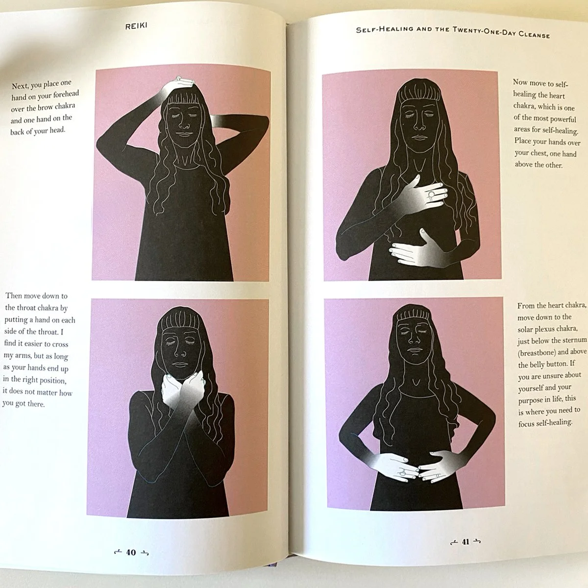 Reiki energetic hand positions, book interior, illustrated by Terry Marks 