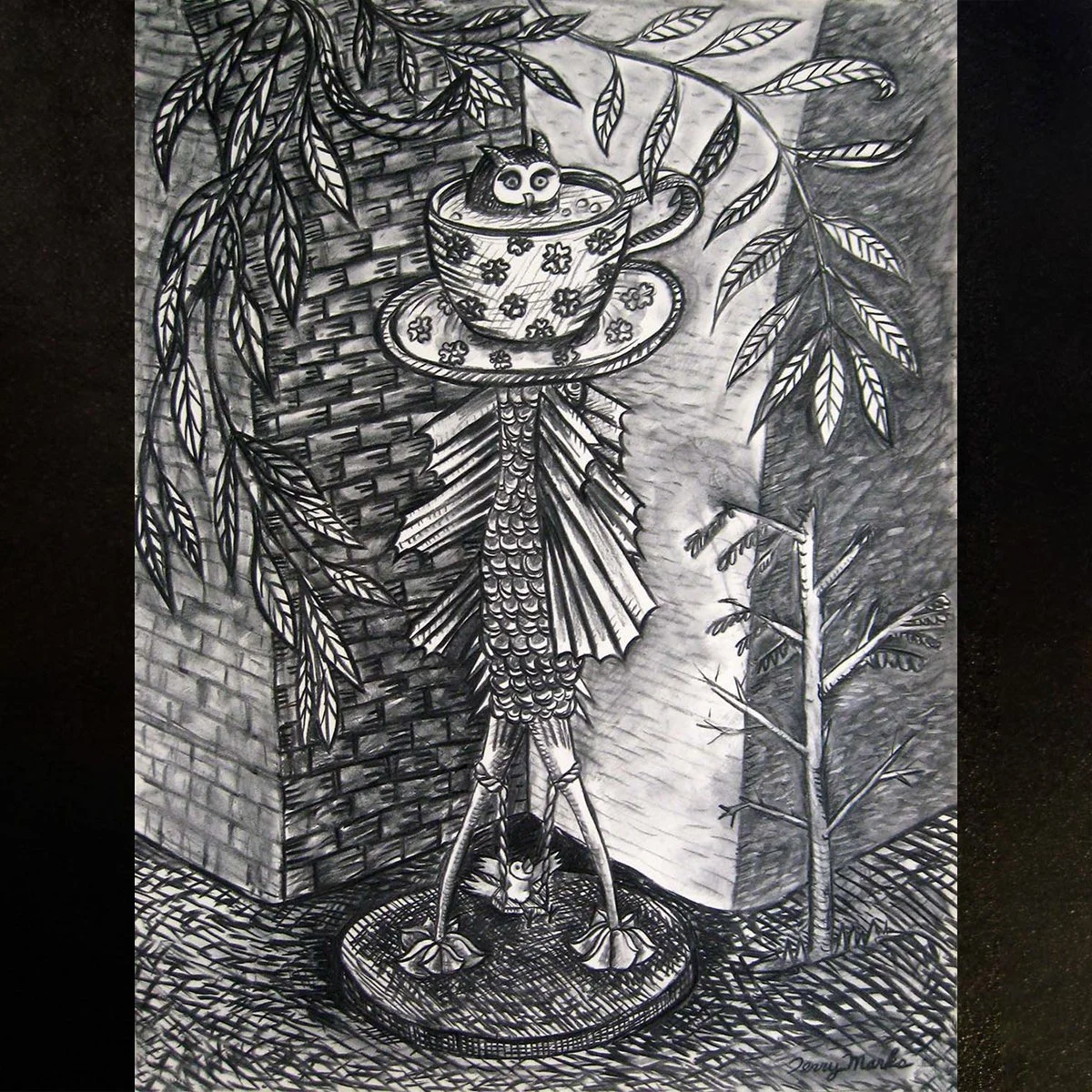 Cadavre Exquis (Exquisite Corpse) - teacup owl- charcoal on paper- illustrated by Terry Marks