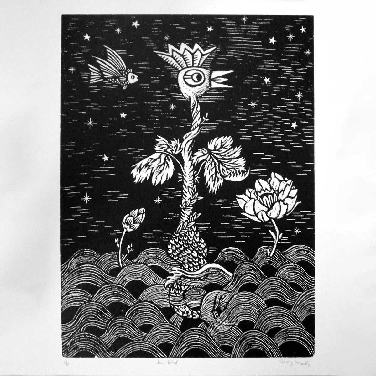 Cadavre Exquis (Exquisite Corpse) - Seabird & Airfish-hand pulled woodcut on heavy paper- illustrated by Terry Marks