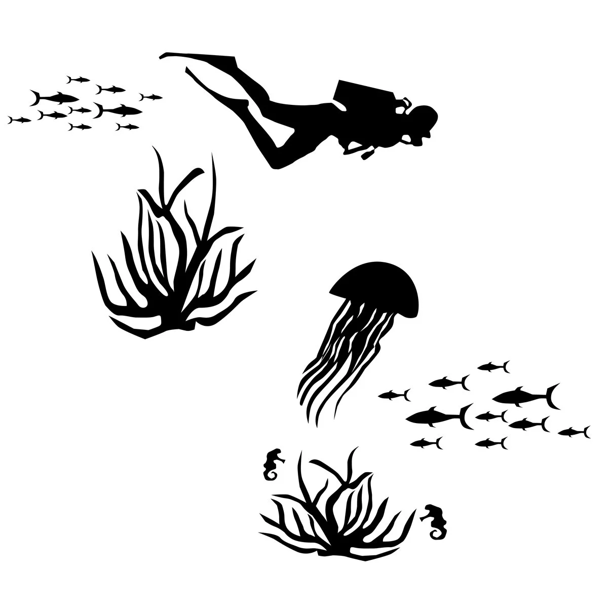 diving underwater with fish, seahorses and sea plants-silhouette shadow flat version, illustrated by Terry Marks