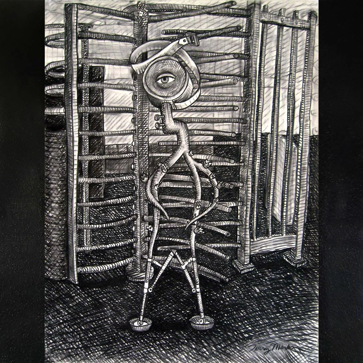 Cadavre Exquis (Exquisite Corpse) - tape vine stand NYC subway turnstile- charcoal on paper- illustrated by Terry Marks