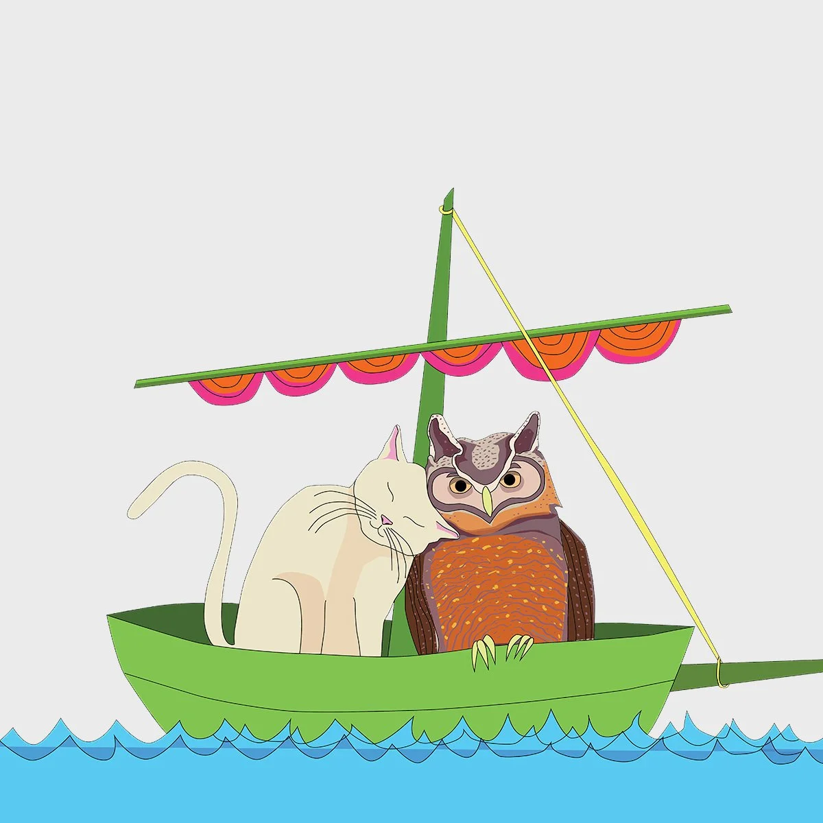 owl and cat in a boat, illustrated by Terry Marks