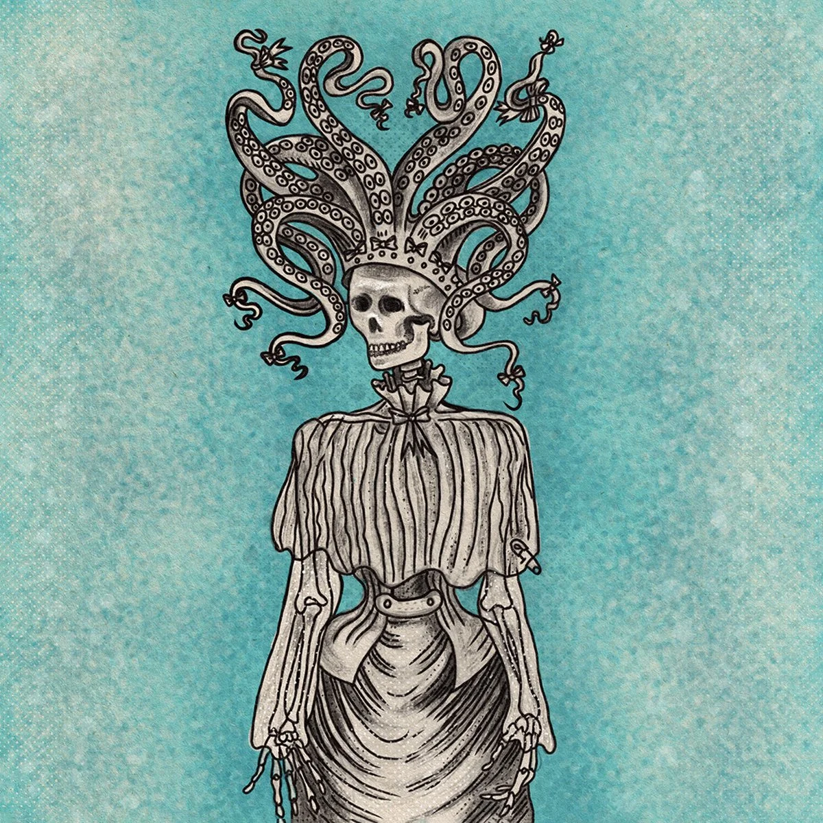 Victorian Macabre, Skeleton with tentacle headdress, illustrated by Terry Marks