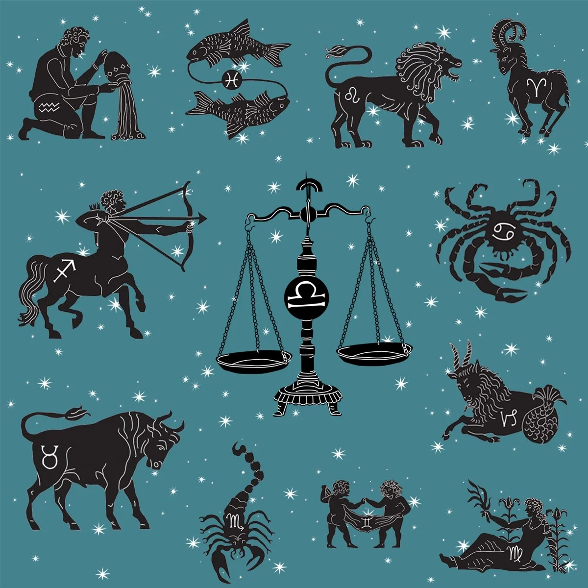 astrological horoscope symbol silhouettes on night sky, illustrated by Terry Marks 