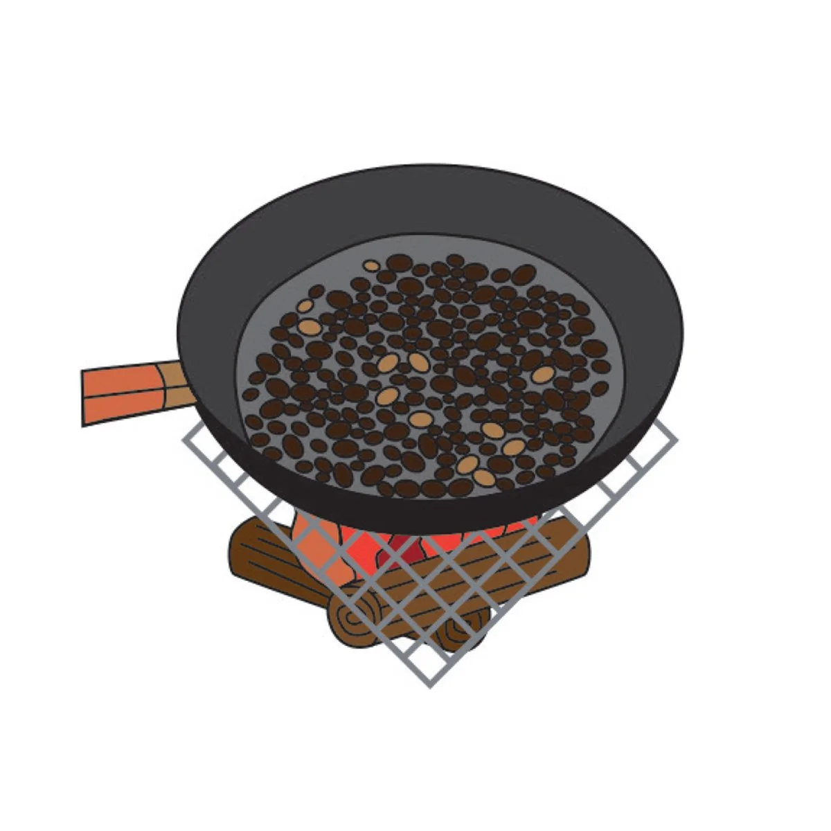 coffee roasting pan over open fire, illustration by Terry Marks
