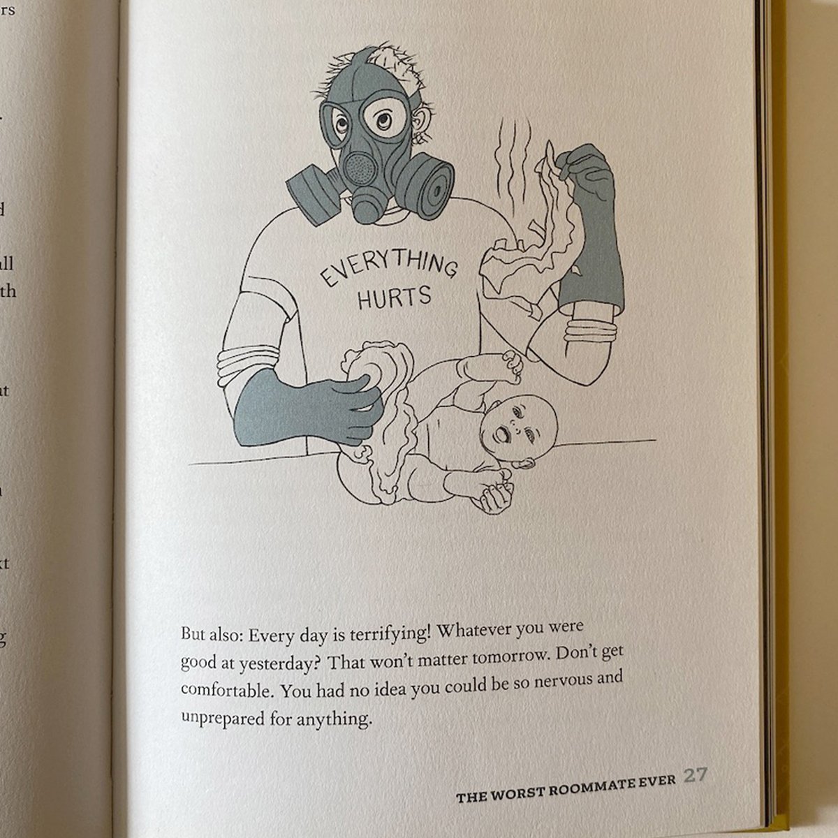 Dad Truths, dad with gas mask changing baby, book interior page, illustrated by Terry Marks