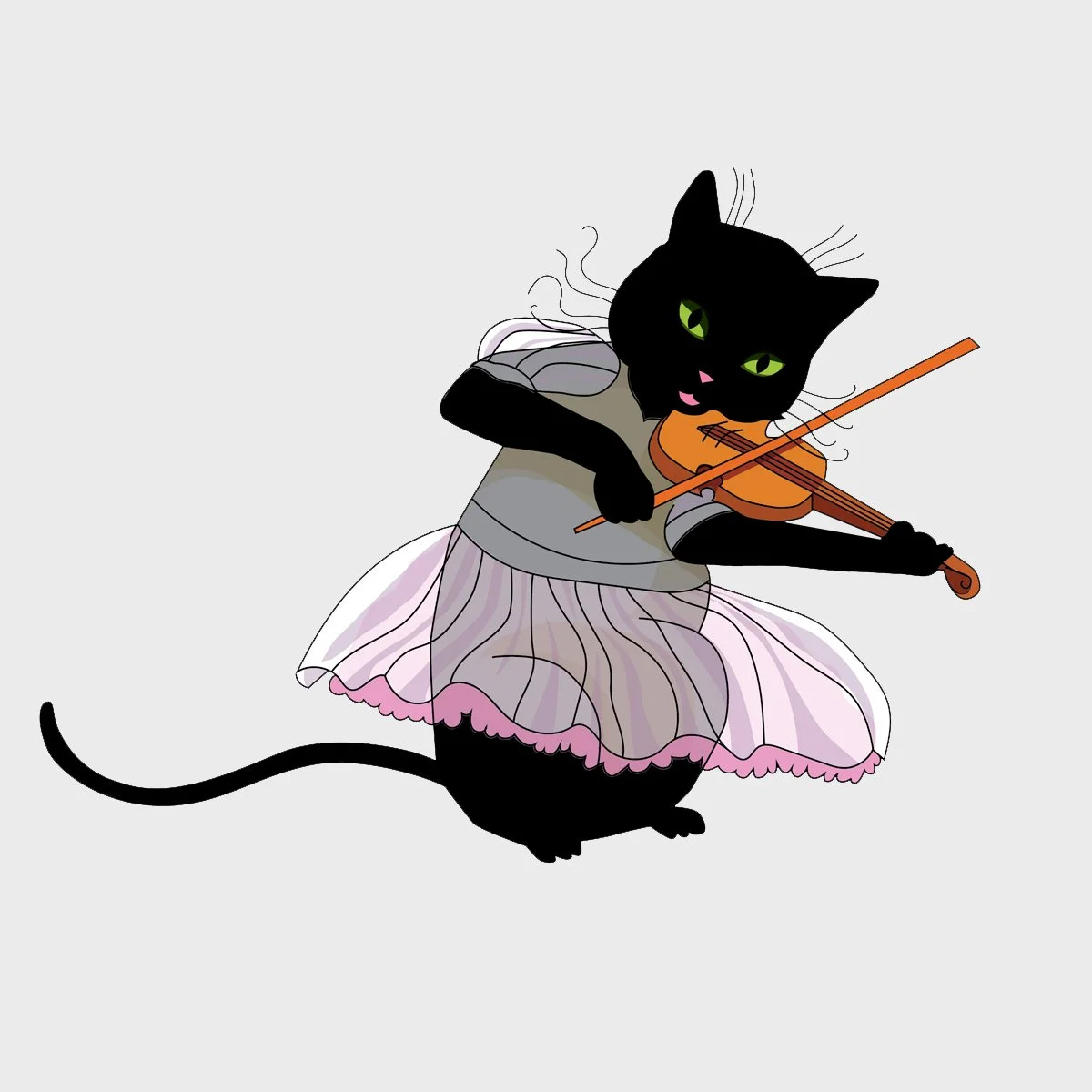 black cat in pink dress playing the violin, illustrated by Terry Marks