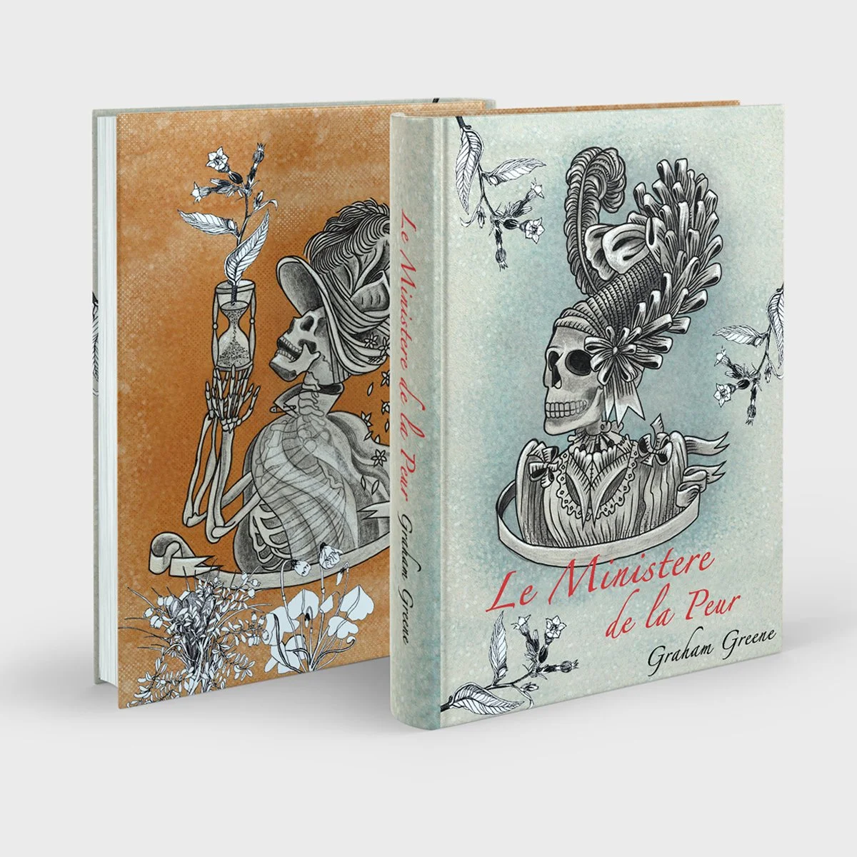 skulls in Victorian hats with botanicals and hourglass book cover, illustrated by Terry Marks