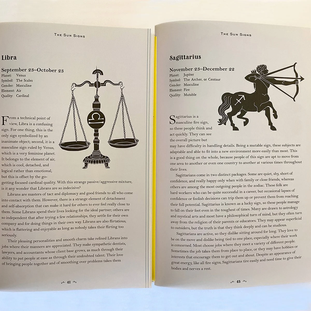 Libra, Sagittarius, astrological horoscope symbols book interior, illustrated by Terry Marks