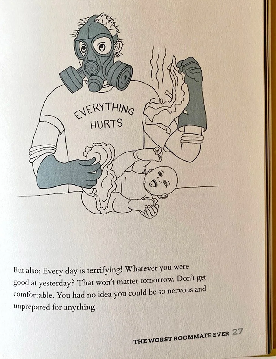 01-Terry Marks illustration-dad truths-everything hurts-changing diaper-gasmask-book page.jpg