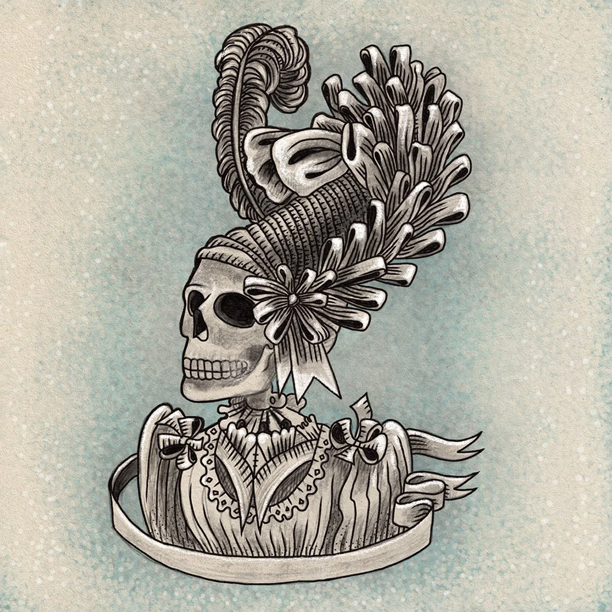 Victorian Macabre, skull with ribboned hat and blouse, illustrated by Terry Marks