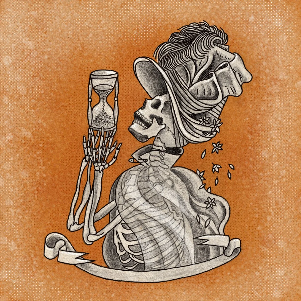 Victorian Macabre, skull with hourglass and diaphanous cape, illustrated by Terry Marks