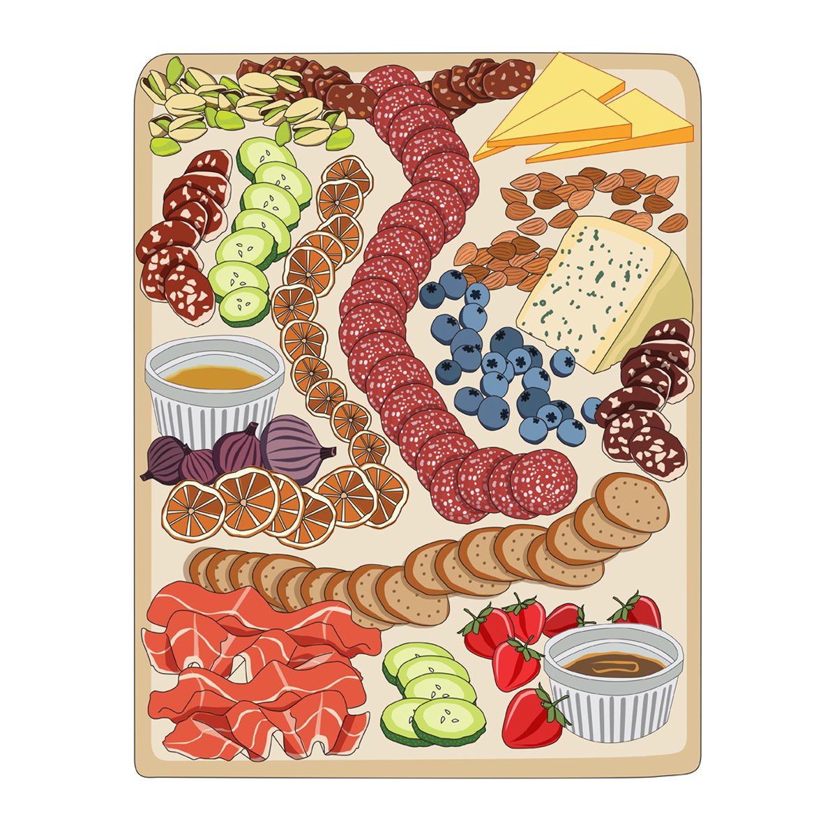 charcuterie board with pistachios, figs, cucumber and orange slices, crackers, dried sausage and sliced ham, strawberries, blueberries, cheeses and almonds, illustrated by Terry Marks