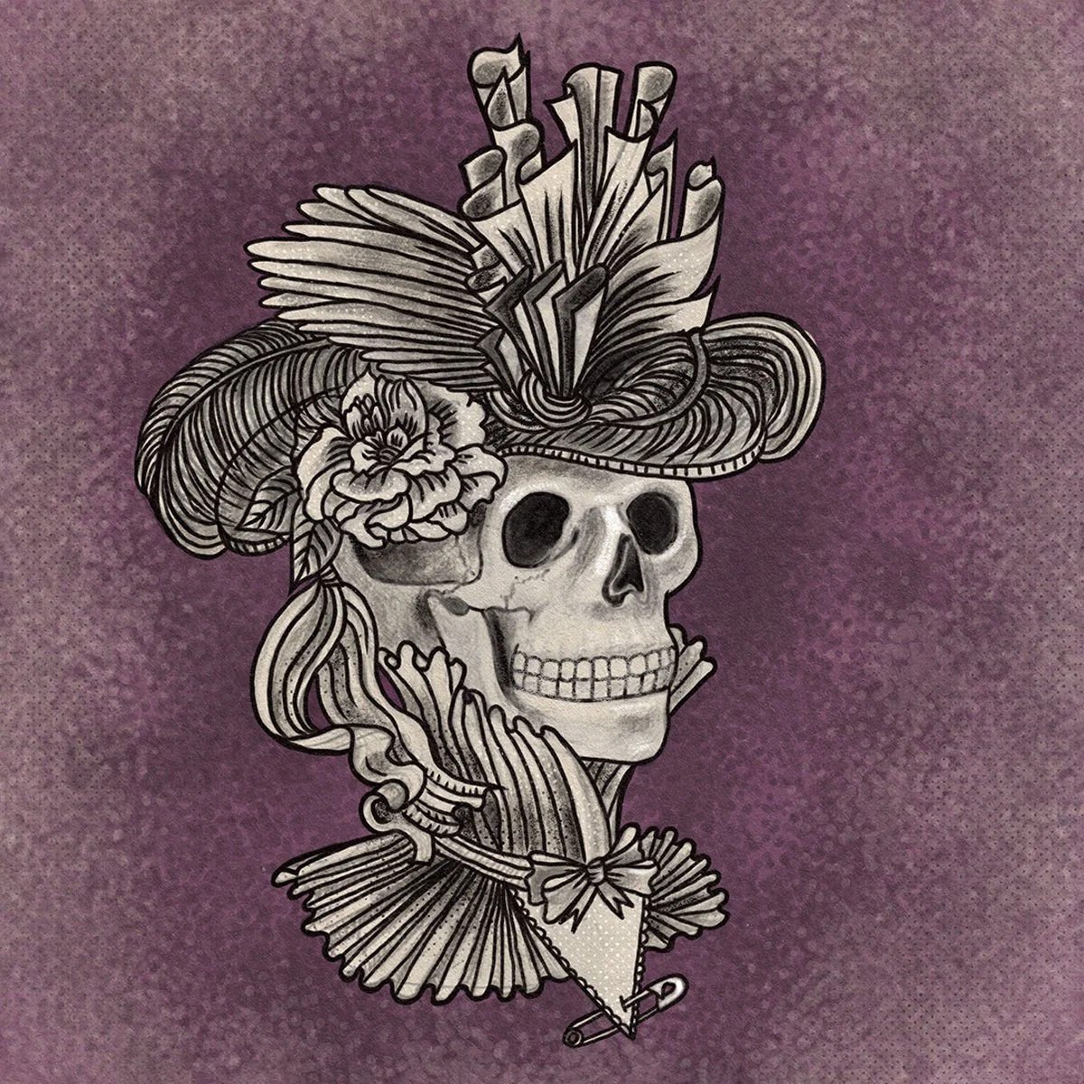 Victorian Macabre, skull with bird wing hat, safety pin and rose, illustrated by Terry Marks