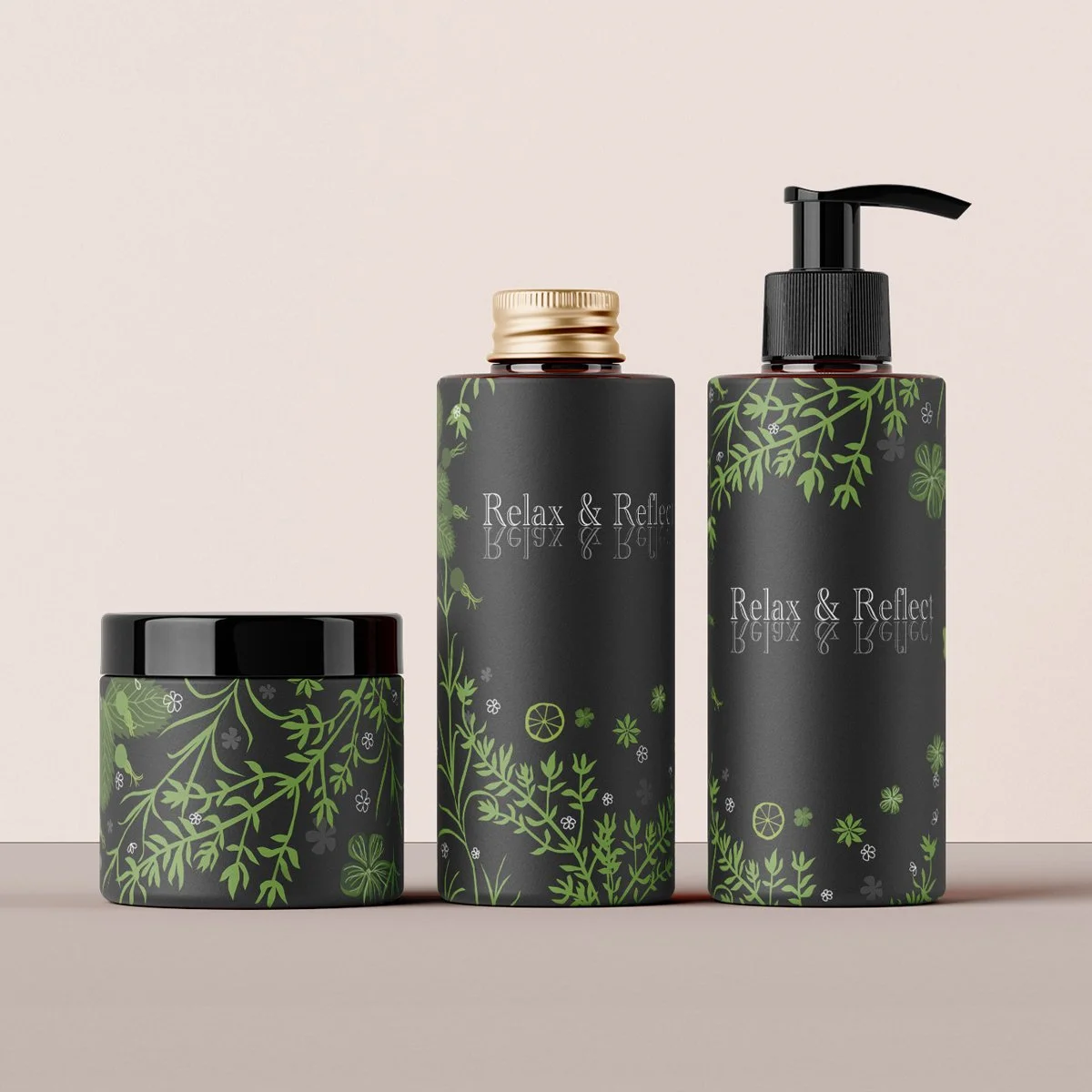 botanical drawings on bottles of lotion and moisturizing cream, illustrated by Terry Marks 