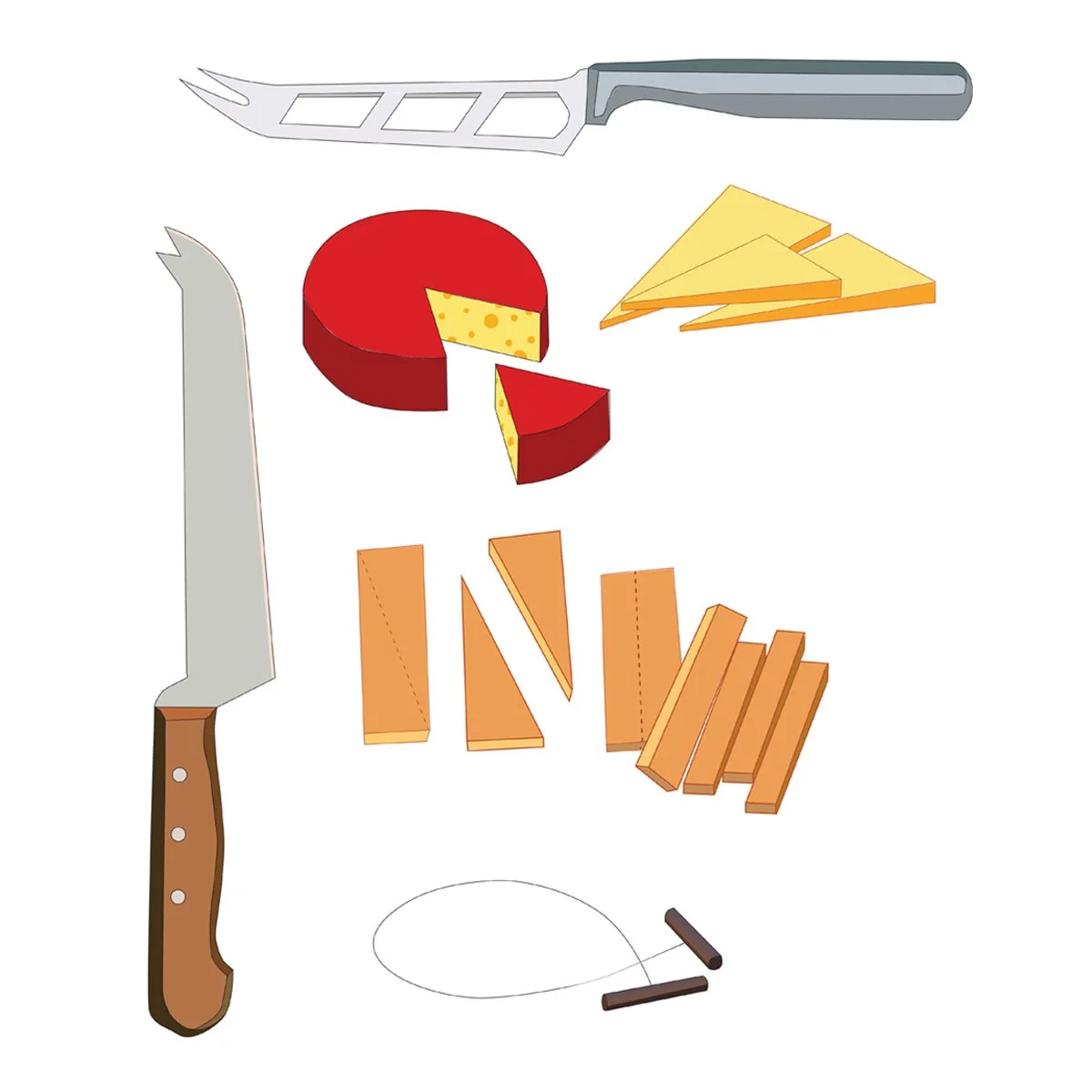 cheeses, cheese knives, cheese cutting wire, illustrated by Terry Marks
