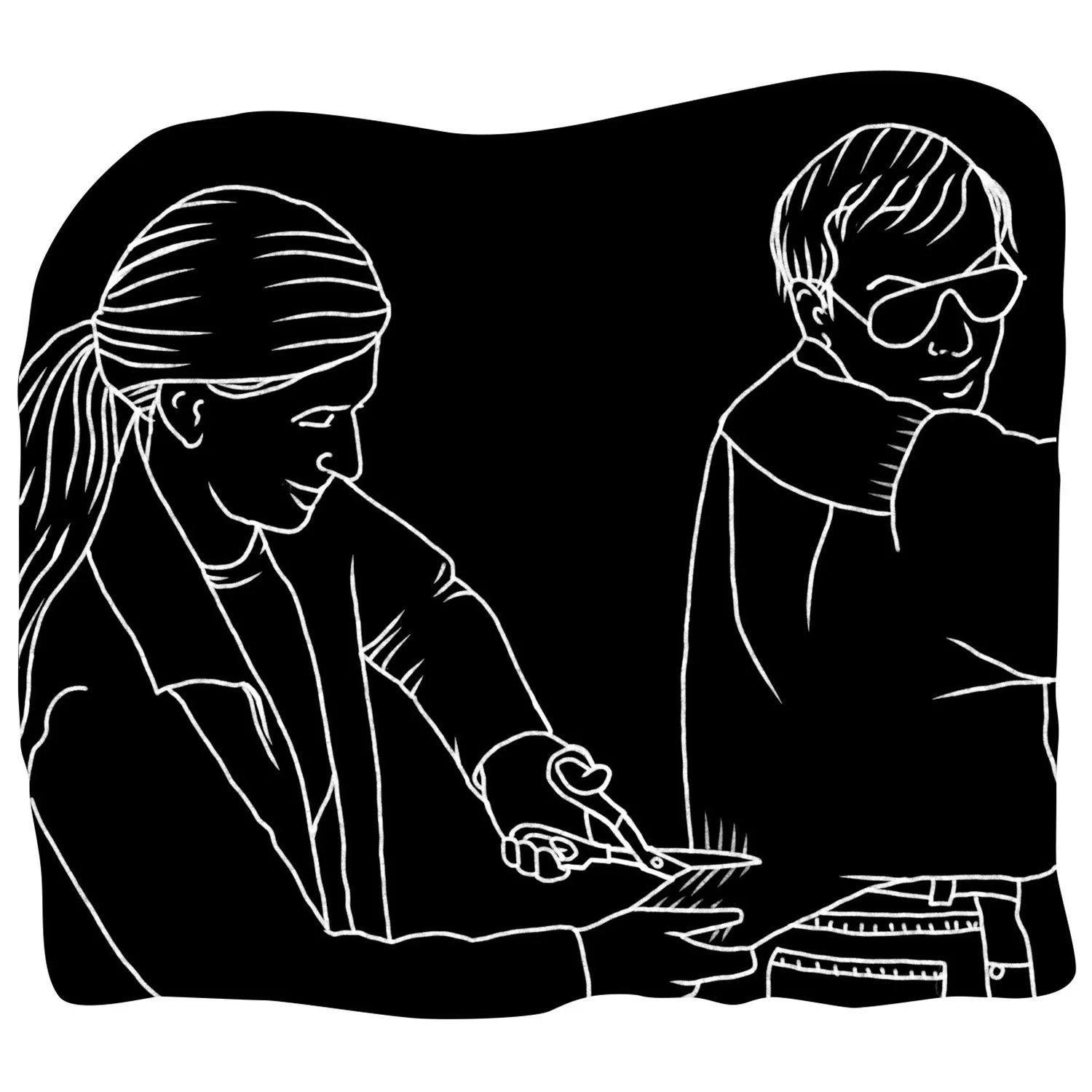 cutting off the pilots shirt tails, illustration by Terry Marks