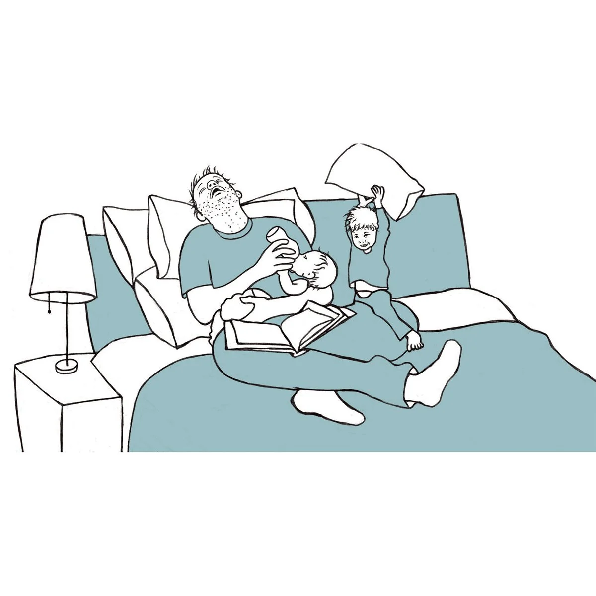 exhausted dad crashing out while feeding baby with toddler and pillow, line drawing for Dad Truths, book interior page, illustrated by Terry Marks