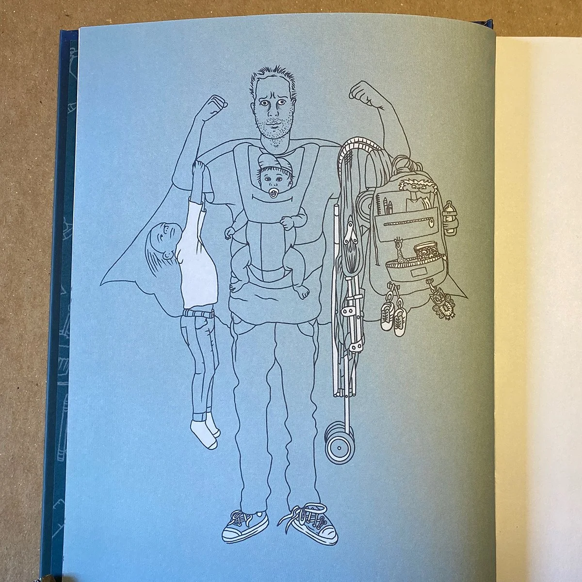 Dad Truths dedication page illustration, super-dad, baby carrier, climbing kid, stroller, backpack, illustrated by Terry Marks
