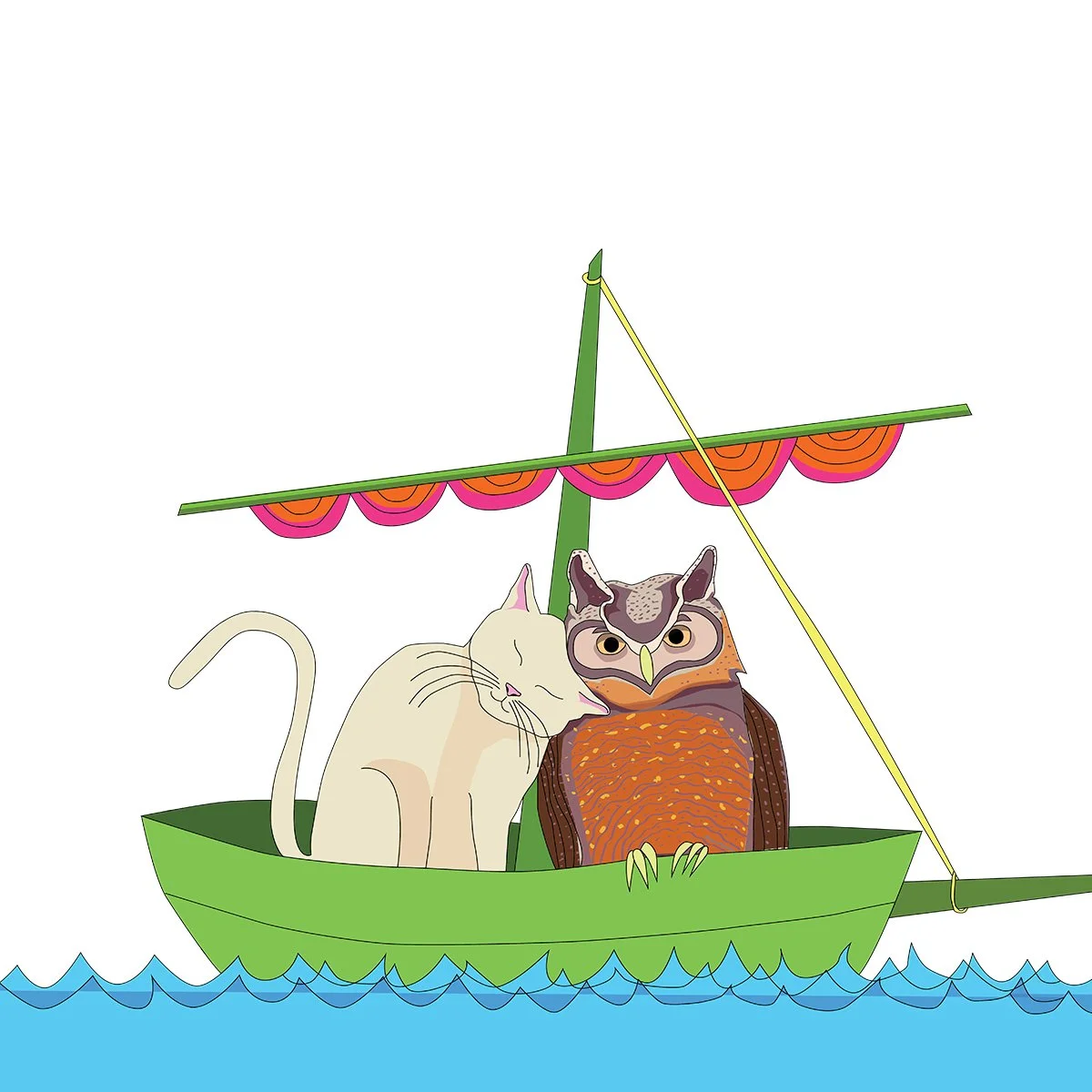 owl and cat in a boat, illustrated by Terry Marks