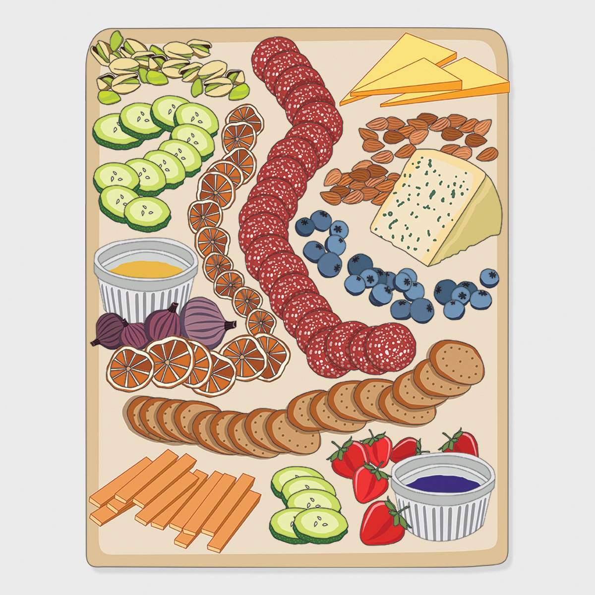 charcuterie board with pistachios, figs, cucumber and orange slices, crackers, dried sausage and sliced ham, strawberries, blueberries, cheeses and almonds, illustrated by Terry Marks