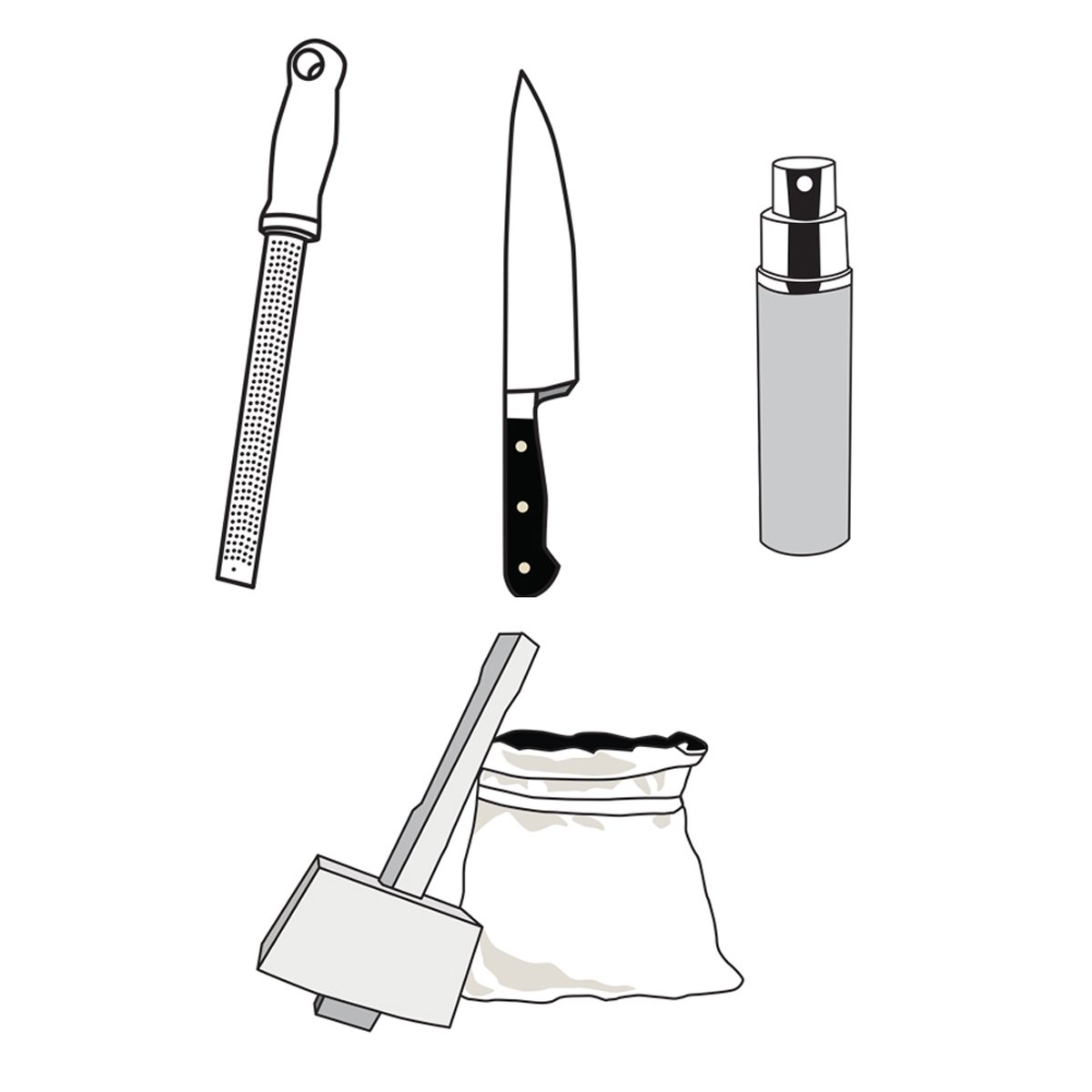 kitchen tools, knife and sharpener, spray bottle, mallet, illustration by Terry Marks