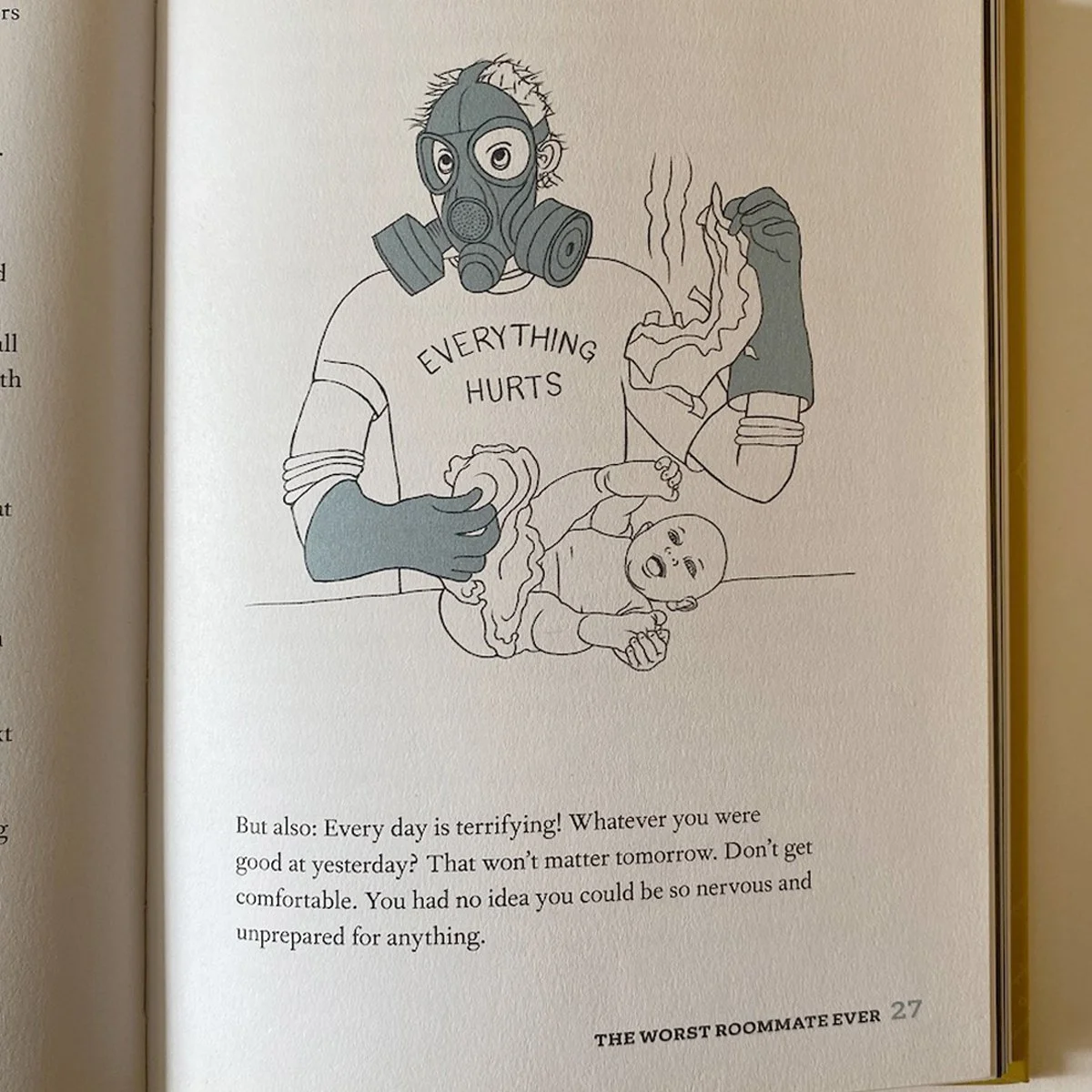 Dad Truths, dad with gas mask changing baby, book interior page, illustrated by Terry Marks