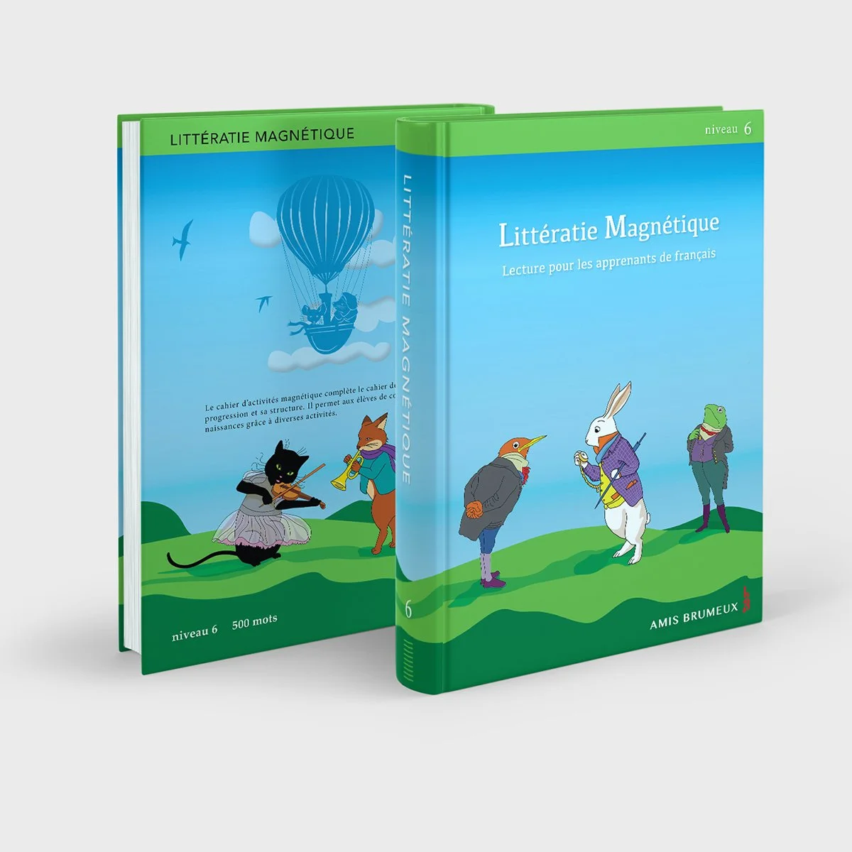 cat playing violin, fox playing horn, mouse in hot air balloon, book cover, illustrated by Terry Marks