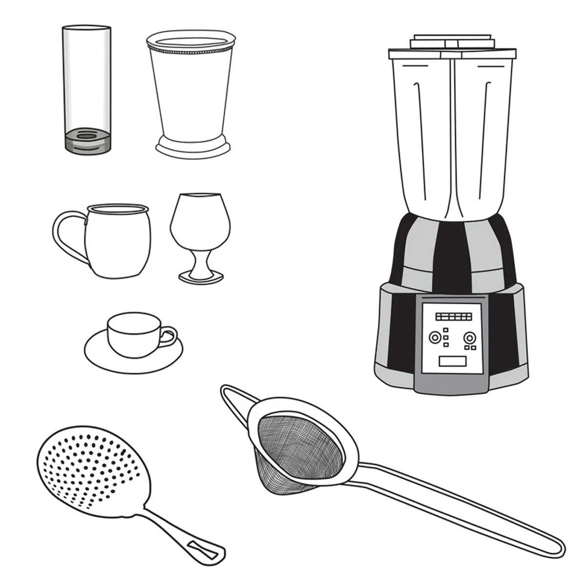 cocktail making tools, blender, strainers, cups and glasses,  illustrated by Terry Marks 