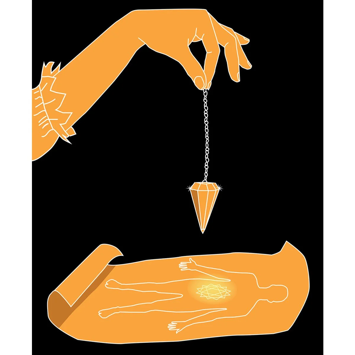 hand holding pendulum over diagram of chakras, illustrated by Terry Marks