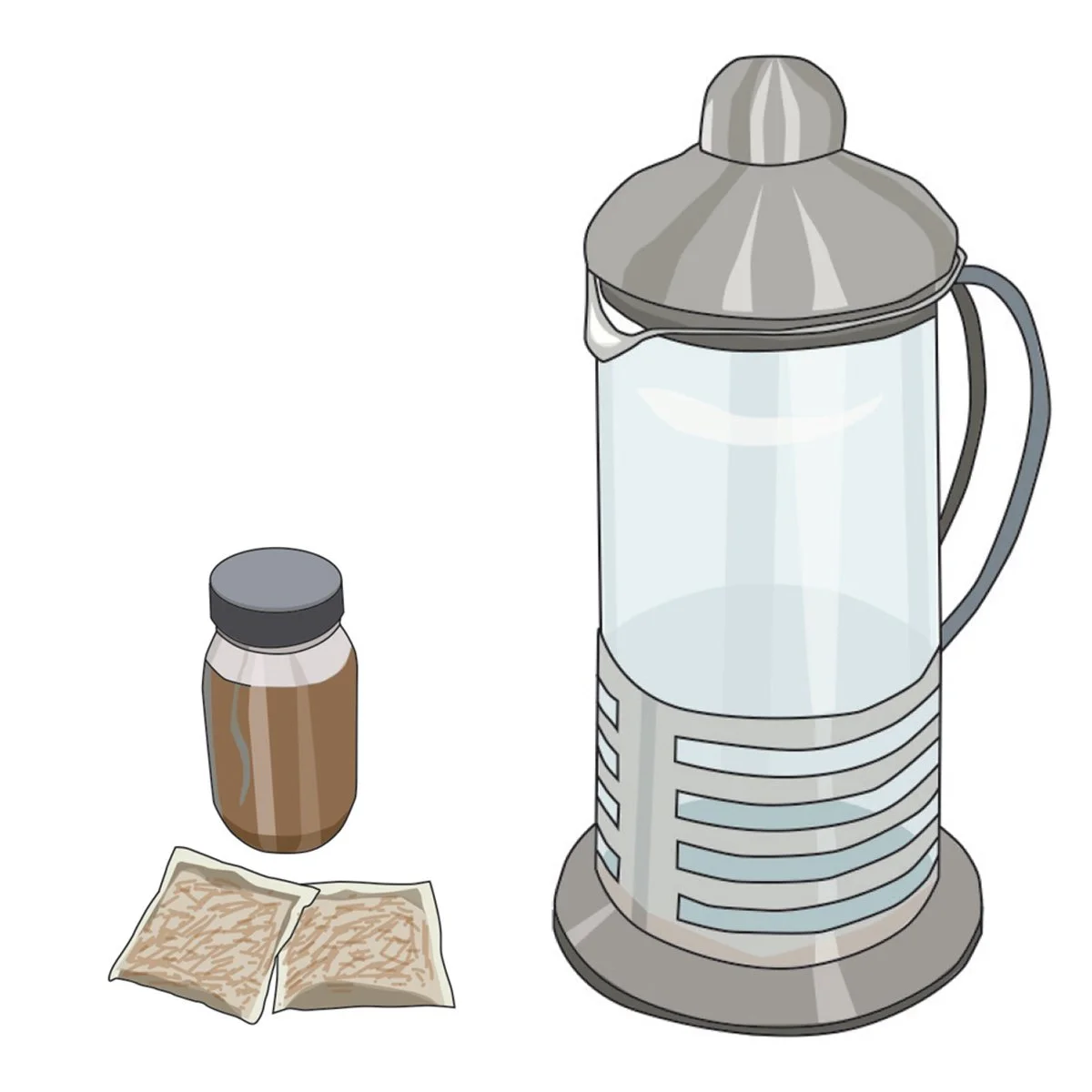 french press coffee pot, jar and coffee bags, illustrated by Terry Marks