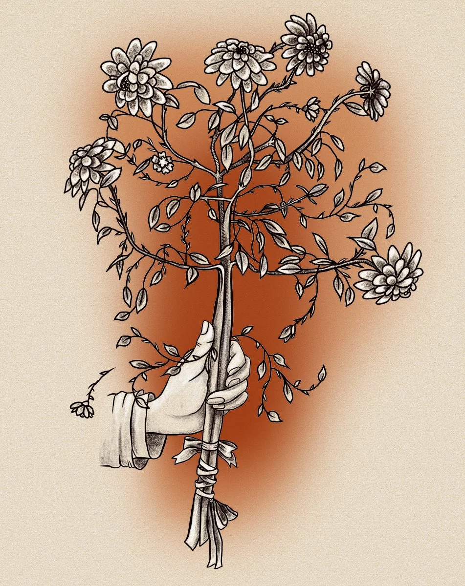 hand holding bunch of zinnias tied with a ribbon, illustrated by Terry Marks