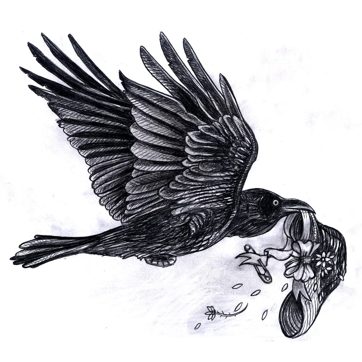 Victorian Macabre, Raven in Flight with beribboned hat, illustrated by Terry Marks